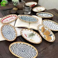 Fung Mây Breadbasket, Tranh Màu Cá / Hoa Họa Tiết Đĩa Trái Cây Mây Gốm, Món Ăn Hình Bầu Dục Phong Cách Việt Nam Khay Ăn Nhẹ Nhà