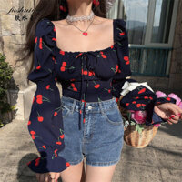 Fushuiyu 2024 mùa thu đông hoa mỏng gợi cảm cổ vuông gợi cảm kiểu Pháp bong bóng thiết kế dài tay hàng đầu ngắn Spice girl mới