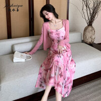Fushuiyu 2024 phiên bản Hàn Quốc mùa thu khí chất, cinching eo, che da thịt, váy treo hoa hồng, áo len cardigan hai mảnh chống nắng dành cho nữ