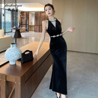 Fushuiyu Váy treo cổ nhung đen gợi cảm cao cấp kiểu Pháp có khí chất nữ tính, váy dạ hội sinh nhật, váy quấn đuôi cá