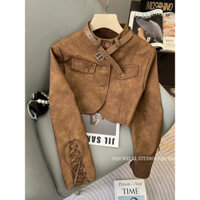 FXDAZI Áo khoác nâu mùa thu đông Melard Mỹ retro cao cấp áo khoác ngắn nữ mới áo khoác nâu da cardigan thời trang Keli