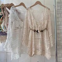 FXDAZI Áo sơ mi cá tính kỳ nghỉ Thái Lan dài vừa khoét lỗ tay loe ren áo pullover buộc dây móc rộng rãi áo khoác ngoài đan len cho suối nước nóng