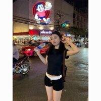 Fxdazi * bm Phong Cách Phù Hợp Với bm Màu Trơn Tay Ngắn + Cotton Nguyên Chất Ba Nút Quần Short Co Giãn Nữ Skinny Cao Cấp Quần Nóng Boxer Phù Hợp Với Hợp Thời Trang