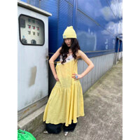 FXDAZI Đầm độc đáo phong cách nghỉ dưỡng Pháp, màu vàng chanh nguyên bản, đầm dài có viền ren và dây đeo nơ cho phụ nữ, mỏng và thời trang.