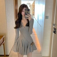 Fxdazi * Đầm Phiên Bản Hàn Quốc Retro Thắt Lưng Ôm Hơn Ren Lông Tơ Đầm Nữ Xuân Thu Gợi Cảm Bên Trong Váy Ngắn Xếp Ly Váy Ba Lê Phong Cách Ba Lê