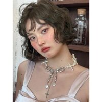 Fxdazi * Vòng Cổ Xếp Chồng Nguyên Bản Đính Hạt Bạc Ngọc Trai Nơ Hình Chữ Thập Mặt Dây Chuyền Vòng Cổ Baroque