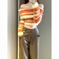 【FXDAZI】Áo sweater Trễ Vai Họa Tiết Kẻ Sọc Màu Tương Phản Phong Cách Mỹ Thời Trang Thu Đông Mềm Mại Cho Nữ plus