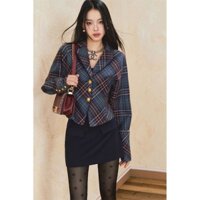 【FXDAZI】Thiết Kế Độc Đáo] Niche Set Áo Tay Dài Cổ Búp Bê Ôm Eo Cao Kẻ Sọc Caro Phối Chân Váy Mùa Thu Mới