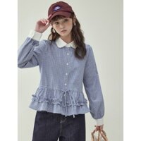 FY💙Áo sơ mi kẻ sọc Búp bê cổ áo Trang chủ Dây rút Loại phiên bản lỏng lẻo Văn nghệ Ngọt ngào Thời trang giản dị