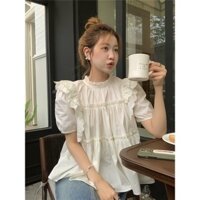 FY💙Áo sơ mi màu rắn Tay áo ngắn Cổ áo đứng Loại phiên bản lỏng lẻo Cảm giác thiết kế Pháp Đại học