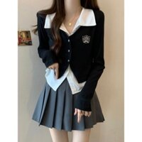 FY💙Áo sơ mi nữ Vải hai lớp Dài tay áo Màu đặc Ghép nối Tính cách Loại phiên bản lỏng lẻo Đại học