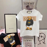 G GUCCI1349 Áo Thun Trẻ Em Hoạt Hình In Hình Cổ Tròn Cotton Tay Ngắn Bé Trai Bé Gái Trẻ Em Dạo Phố GG Quần Áo