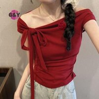 G & Y Mùa Hè Hàn Quốc Sang Trọng Tắt Vai Áo Thun Nữ Màu Trơn Nơ Phối Slim Crop Top COD