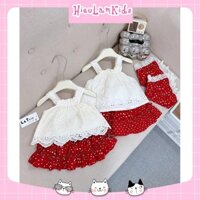 G23 - Set bộ bé gái, (tặng khăn) Set áo 2 dây hoa thêu kèm chân váy đỏ chấm bi
