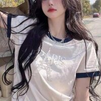 Ga Châu Âu Nguyên Chất Cotton Trắng Áo Thun Nữ Nóng Kim Cương Giả Tháp Eiffel Màu Sắc Tương Phản Phù Hợp Với Áo Sơ Mi Tay Ngắn Đáy Mùa Hè ins Dạo Phố20240222