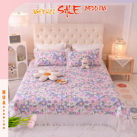 Ga giường cotton đũi và 2 vỏ gối trần bông diềm bèo ngắn bộ ga giường phủ hoặc bo chun