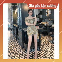 [GA12] Đầm Hoa Gấm Tay Ngắn Cổ Vuông Xếp Ly Ngực Bo Eo Tà Đắp Chéo - Vải Gấm - 1 Màu Vàng - Dành cho Nàng Đi Chơi
