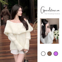 Gaeul store- áo len kiểu trễ vai mix bèo cổ có dây buộc sau lưng- tay áo bo