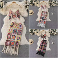 Gaeul store- Set len móc phong cách boho áo dây mix hạt ngọc kèm chân váy tua rua
