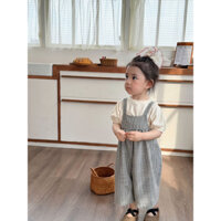 (Galakoko) Set Áo Len Mỏng Ngắn Tay Và Yếm Quần Hoạ Tiết Kẻ Sọc Caro Dành Cho Bé Gái Phong Cách Hàn Quốc