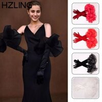 Găng tay cô dâu cưới HZLING, Găng tay dài hoa Organza thanh lịch nhung, Găng tay cưới cô dâu co giãn thời trang Váy dự tiệc cưới cô dâu