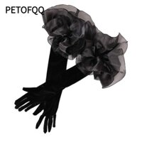 Găng tay cô dâu cưới PETOFQQ, Găng tay dài hoa Organza thanh lịch nhung, Găng tay nghi thức đàn hồi Váy cưới cô dâu