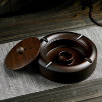 Gạt tàn thuốc đẹp bằng gỗ gụ nguyên khối dáng tròn có nắp đậy đẹp GTG08