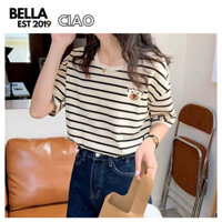 GAU Áo thun baby tee nữ basic cotton tay ngắn thêu gấu thêu gấu họa tiết màu sắc tương phản BELLA CIAO