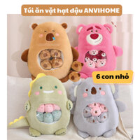 Gấu bông capybara Gia đình capybara Túi Đồ Ăn Vặt, gối ăn dặm, ăn vặt có kèm mền,Túi mẹ con kèm baby capibara hạt đậu