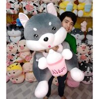 GẤU BÔNG CHÓ HUSKY ÔM BÌNH SỮA VẢI MINISO HÀN QUỐC 4 CHIỀU SIÊU MỊN