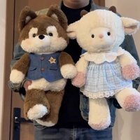 Gấu bông đôi sói nâu lông xù áo sao và cừu trắng váy kẻ 50cm NEOCI