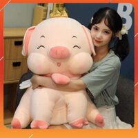 Gấu Bông Heo Thiên Thần - Gấu Bông Heo Ngồi Vương Miện Đeo Chuông Tim, Lợn Bông Mềm Mịn Nhập Khẩu Cao Cấp