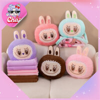 Gấu Bông Labubu Kèm Chăn 1m1 x 1m8, Balo gấu bông kèm chăn gối in hình labubu loang