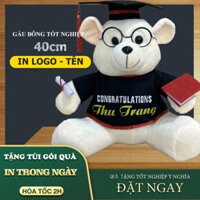 Gấu bông tốt nghiệp 40cm in tên + logo (ngồi 35cm) lông trơn giá sỉ, tặng giấy gói quà