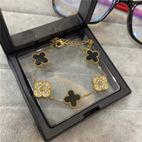 Gấu đen trắng, trang sức sang trọng nhẹ nhàng, không phai màu, Chuỗi mèo Nam Nữ, Vòng Tay Ngũ hoa cao cấp, cỏ bốn lá, phụ kiện hai mặt thép titan