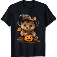 Gấu trúc dễ thương Phù thủy Trang phục Halloween Áo thun lá mùa thu