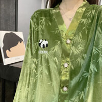 Gấu Trúc Vàng Nhung Bộ Đồ Ngủ Nữ Gấu Trúc Bộ Đồ Ngủ Nữ Xuân Thu Đông Màu Trơn Vàng Nhung 2022 Phong Cách Mới Áo Cardigan Xanh Cao Cấp Loungewear