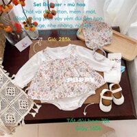 (GD019) (5-12kg) Quần áo trẻ em (Puppy Kids) Sét romper + mũ hoa - vải đũi cotton, body trắng phối váy yếm đũi nền hoa.