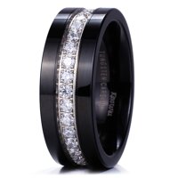 GEM Mens 8mm Black Polished Finish Tungsten Carbide Ring Cubic Zircon Stones Flat Style