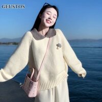 Geustos Ngọt Ngào Dễ Thương Phong Cách Nữ Peter Pan Cổ Áo Len Dệt Kim Nữ Chân Rộng Quần Phù Hợp Với