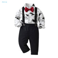 Gh| Trang phục khủng long cho bé trai Bộ đồ ba mảnh bé trai Bộ đồ khủng long bé trai có áo sơ mi Thắt nơ và quần yếm Trang phục quý ông cho bé trai mới biết đi Mùa hè, mùa thu cho trẻ em