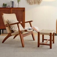 Ghế Cafe Thư Giãn Vintage, Sofa Gỗ Đan Dây Kèm Đôn Gác Chân Và Bàn Bên, Ghế Lười Đọc Sách