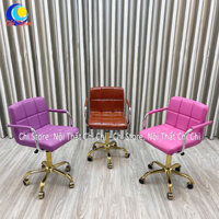 Ghế Makeup Xoay Tay Vịn Êm Ái Chân Bánh Xe Nhện Vàng Nâng Hạ 45-60cm, Ghế Ngồi Quầy Lễ Tân Pha Chế Xoay 360 Độ