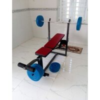Ghế tập tạ đơn Hoàng Đức Sport không ép kèm đòn tạ 1.5m,tạ nhựa 10kg/4 bánh.5kg/2 bánh