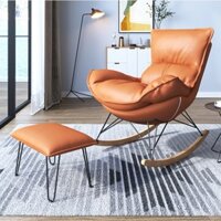 Ghế thư giãn bập bênh đọc sách bọc da sang trọng khung sắt chân gỗ bền đẹp - Ghế sofa ban công dựa lưng êm ái cực chill