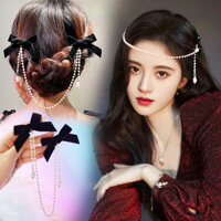 Ghim cài tóc kẹp tóc phối xích và nơ điệu đà phong cách tiểu thư Hàn Quốc đeo được nhiều kiểu