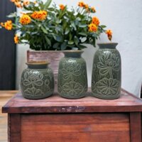 Giá Cực Rẻ - Bình hoa, lọ cắm hoa gốm sứ Bát Tràng ComBo 3 Lọ Khắc sen Xanh trang trí Decor Cực Sang và Đẹp