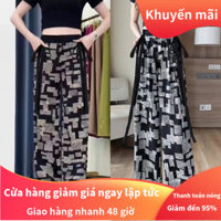 Giá đặc biệt Quần mỏng cao cấp in tranh mực phong cách Trung Quốc mới cho phụ nữ mùa hè, chiffon thoáng khí, dây ruy băng, dáng rộng, thẳng, thoải mái, dài đến sàn