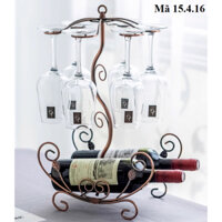 Giá để 6 ly và 2 chai rượu mạ màu đồng, Giá treo ly rượu để bàn kèm giá để 2 chai được mạ đồng tinh tế 15.4.16