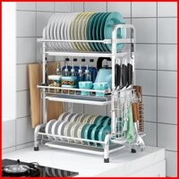 Giá để bát đĩa 3 tầng inox cao cấp, kệ chạn úp chén đũa đa năng kèm 3 khay hứng nước có ống cắm đũa thìa